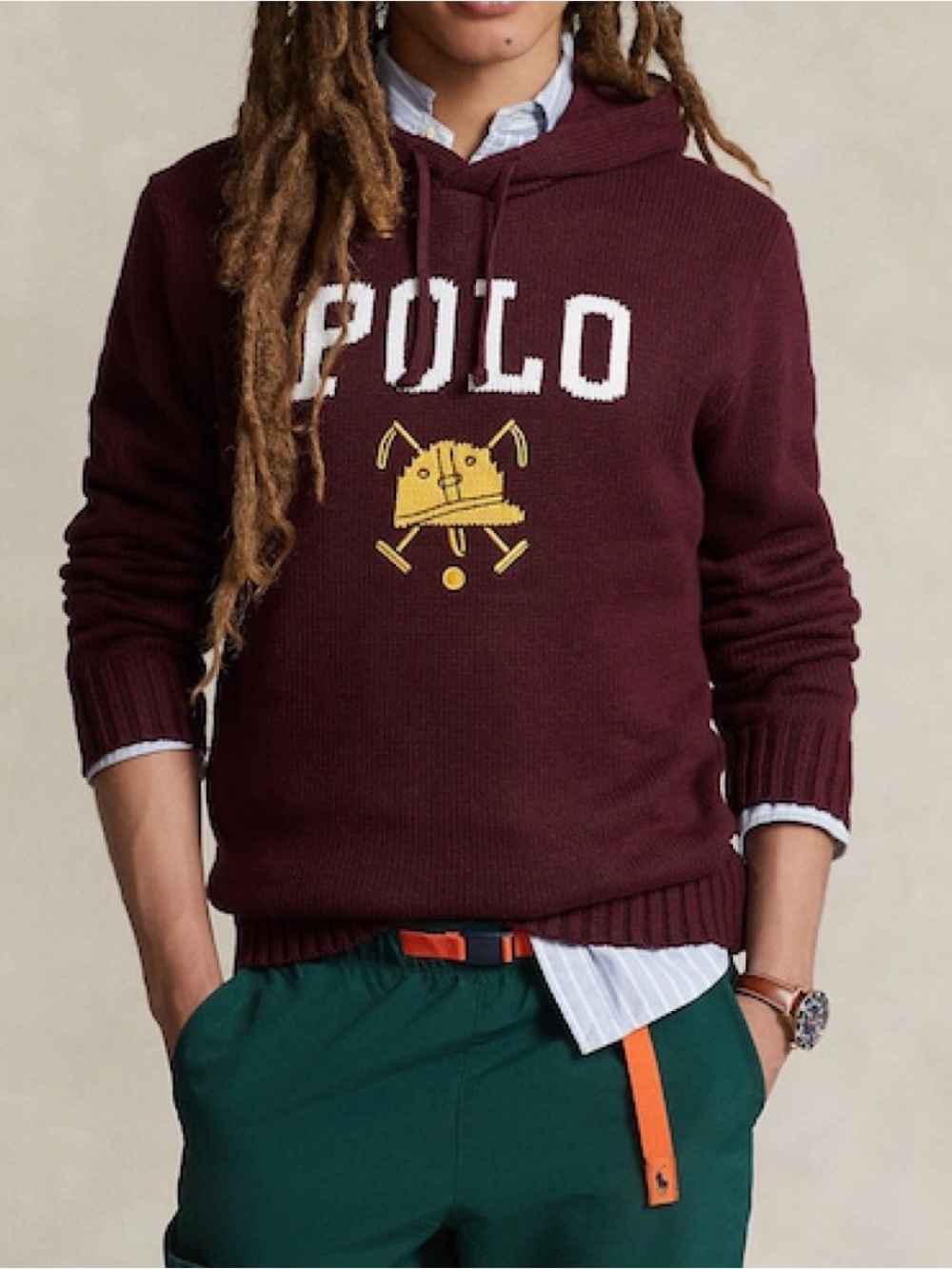 Polo by Ralph Lauren Burgundy Hoodie Sweater with Yellow Logo - Picture 3 of 3